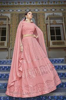 PINK THREAD AND SEQUINS EMBROIDERED GEORGETTE FESTIVE & PARTY WEAR SEMI STITCHED LEHENGA