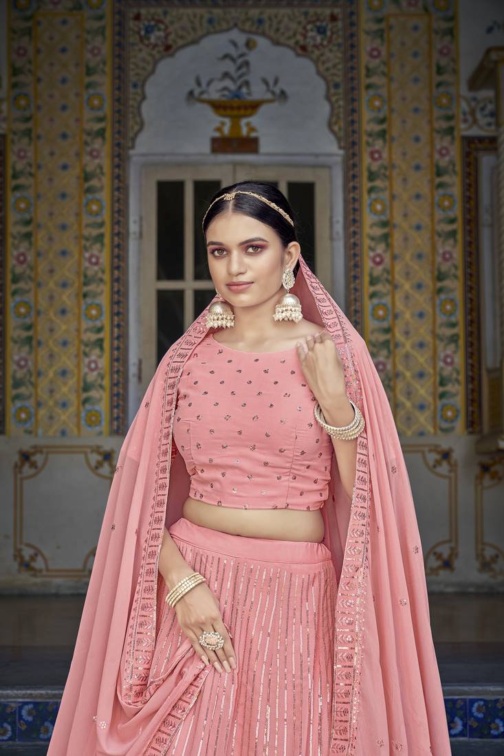 PINK THREAD AND SEQUINS EMBROIDERED GEORGETTE FESTIVE & PARTY WEAR SEMI STITCHED LEHENGA