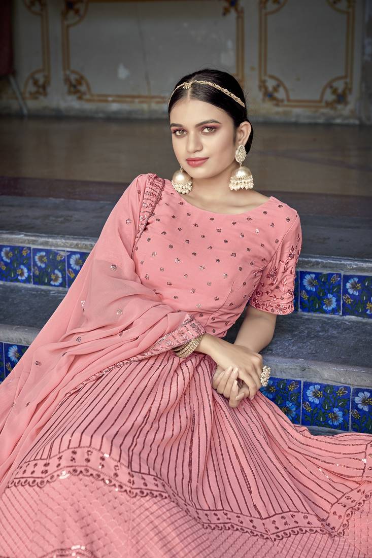 PINK THREAD AND SEQUINS EMBROIDERED GEORGETTE FESTIVE & PARTY WEAR SEMI STITCHED LEHENGA