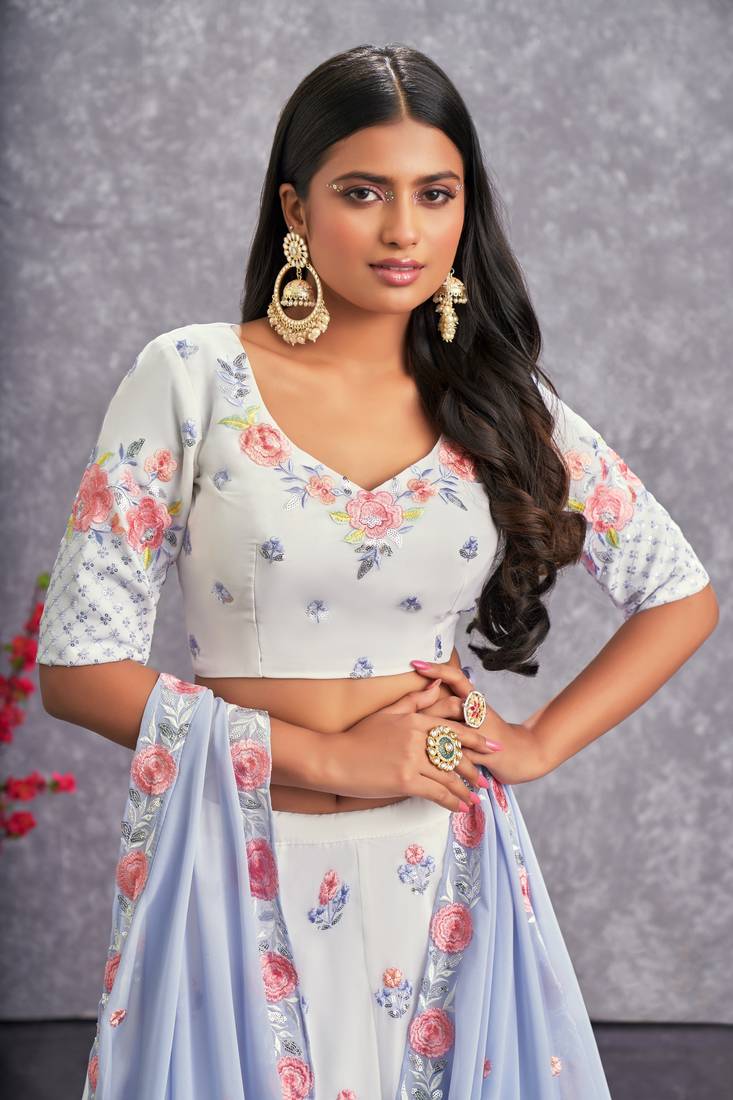 PEARL WHITE THREAD AND SEQUINS EMBROIDERED GEORGETTE FESTIVE & PARTY WEAR SEMI STITCHED LEHENGA