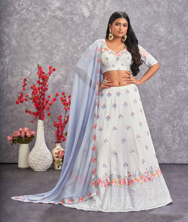 PEARL WHITE THREAD AND SEQUINS EMBROIDERED GEORGETTE FESTIVE & PARTY WEAR SEMI STITCHED LEHENGA