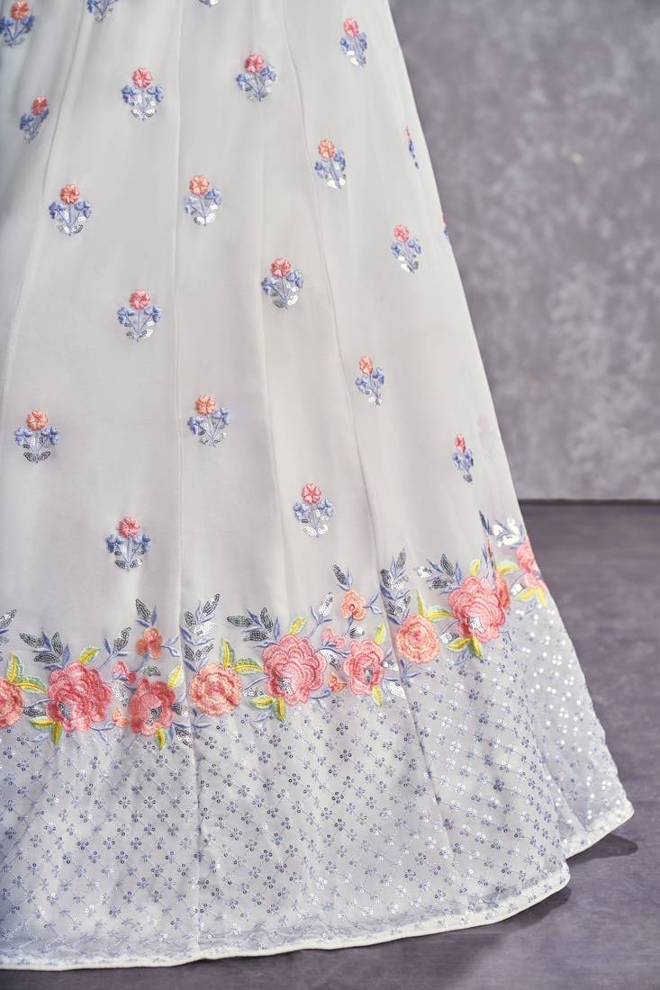 PEARL WHITE THREAD AND SEQUINS EMBROIDERED GEORGETTE FESTIVE & PARTY WEAR SEMI STITCHED LEHENGA