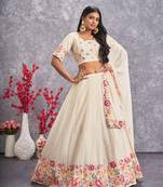 BEIGE THREAD AND SEQUINS EMBROIDERED GEORGETTE FESTIVE & PARTY WEAR SEMI STITCHED LEHENGA