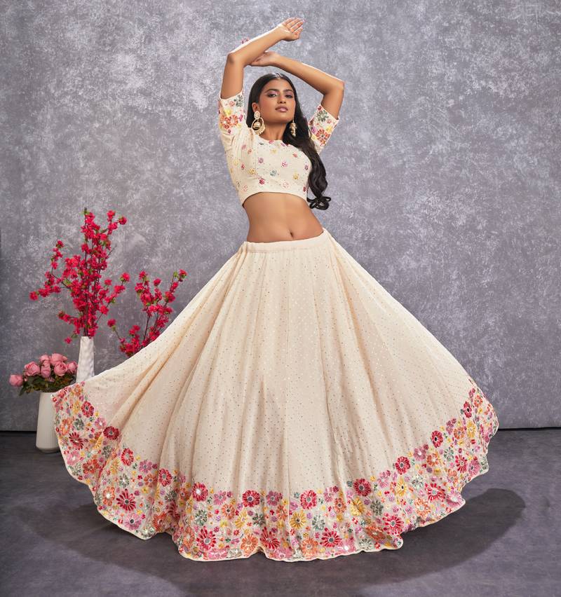 BEIGE THREAD AND SEQUINS EMBROIDERED GEORGETTE FESTIVE & PARTY WEAR SEMI STITCHED LEHENGA