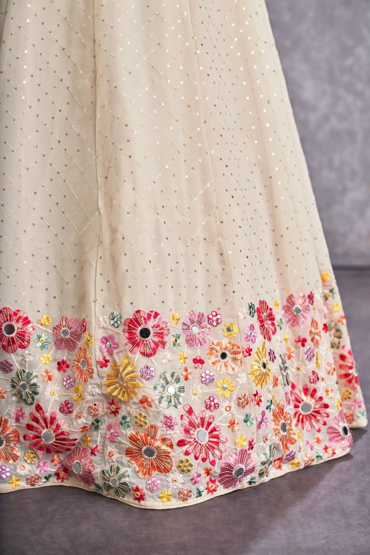BEIGE THREAD AND SEQUINS EMBROIDERED GEORGETTE FESTIVE & PARTY WEAR SEMI STITCHED LEHENGA