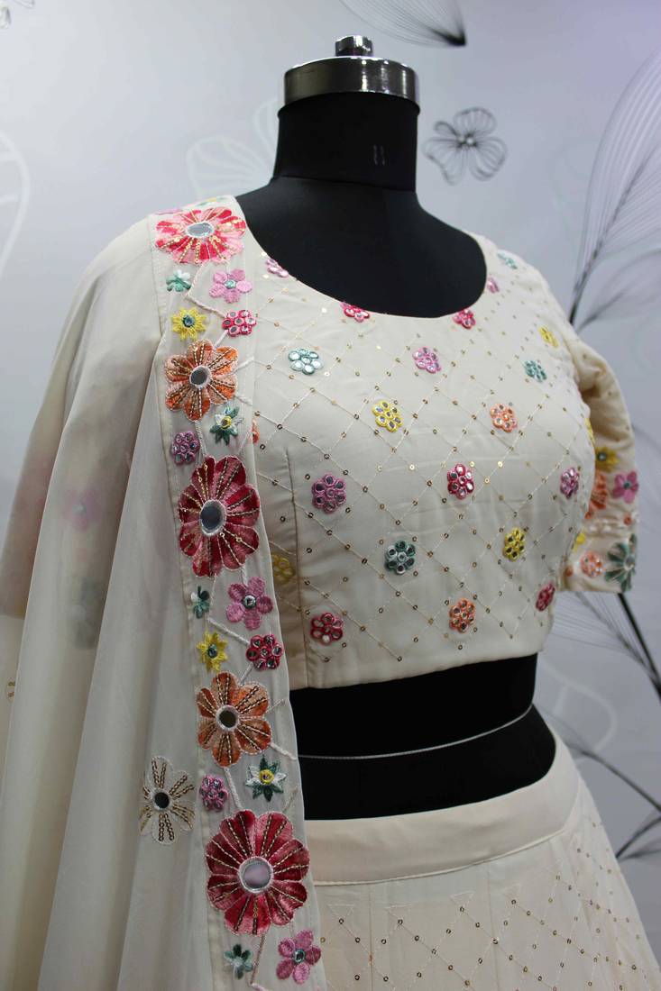 BEIGE THREAD AND SEQUINS EMBROIDERED GEORGETTE FESTIVE & PARTY WEAR SEMI STITCHED LEHENGA