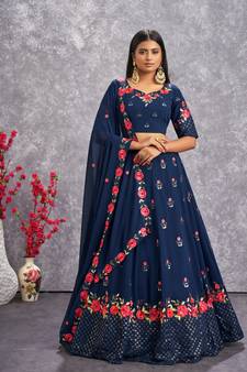 TEAL BLUE THREAD AND SEQUINS EMBROIDERED GEORGETTE FESTIVE & PARTY WEAR SEMI STITCHED LEHENGA