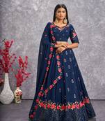 TEAL BLUE THREAD AND SEQUINS EMBROIDERED GEORGETTE FESTIVE & PARTY WEAR SEMI STITCHED LEHENGA