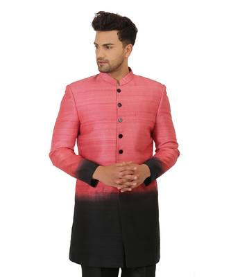 Featuring ombre indowestern in onion pink and black paired with Black trouser. 2