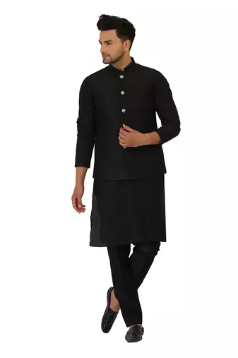 Featuring a black Quiled nehru jacket in art silk base. It is paired with a matching kurta and pants in ruby silk base.