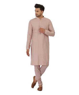 Featuring Powder pink Nehru Jacket with acrylic motif in art silk base. It is paired with kurta and churidaar. 1
