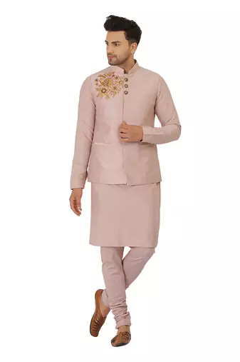 Featuring Powder pink Nehru Jacket with acrylic motif in art silk base. It is paired with kurta and churidaar.