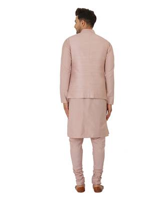 Featuring Powder pink Nehru Jacket with acrylic motif in art silk base. It is paired with kurta and churidaar. 3