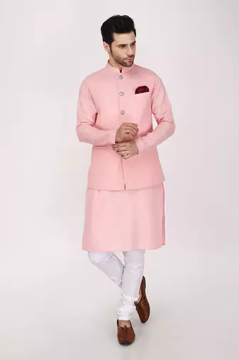 Featuring Pink quilted nehru jacket kurta Set.