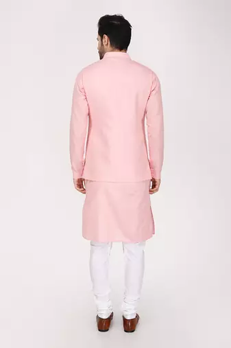 Featuring Pink quilted nehru jacket kurta Set.