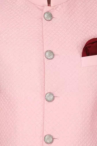 Featuring Pink quilted nehru jacket kurta Set.