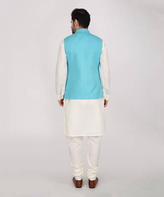 Featuring Turquoise blue qulited nehru jacket with kurta & churidaar. 3