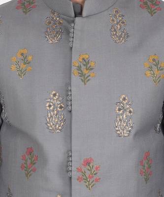 Featuring Multicolor block printed hand embroidered Nehru Jacket with kurta & Churidaar. 4