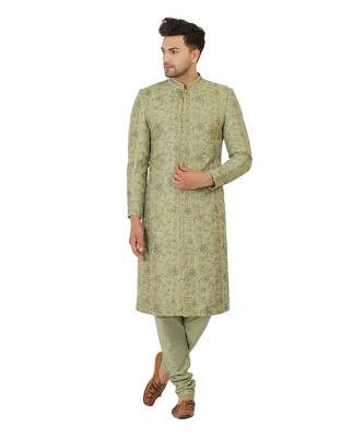 Block printed sherwani with hand embroidery all over, kurta pyajama included- olive green 1