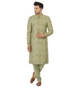 Block printed sherwani with hand embroidery all over, kurta pyajama included- olive green