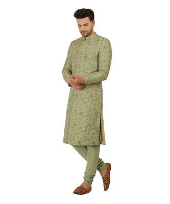 Block printed sherwani with hand embroidery all over, kurta pyajama included- olive green 2
