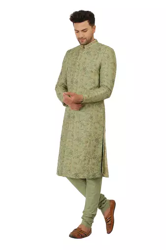 Block printed sherwani with hand embroidery all over, kurta pyajama included- olive green