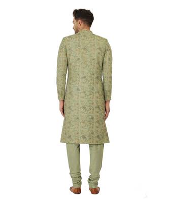 Block printed sherwani with hand embroidery all over, kurta pyajama included- olive green 3