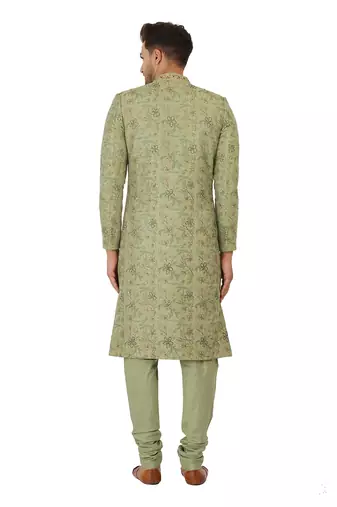 Block printed sherwani with hand embroidery all over, kurta pyajama included- olive green