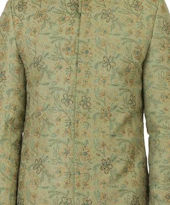 Block printed sherwani with hand embroidery all over, kurta pyajama included- olive green 4