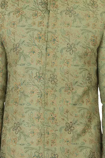 Block printed sherwani with hand embroidery all over, kurta pyajama included- olive green