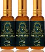 Nakia Jasmine Ultra, Oud Al Arab & White Oud Attar 10ml Roll-on Alcohol-Free Itar For Unisex Combo Pack Of 3