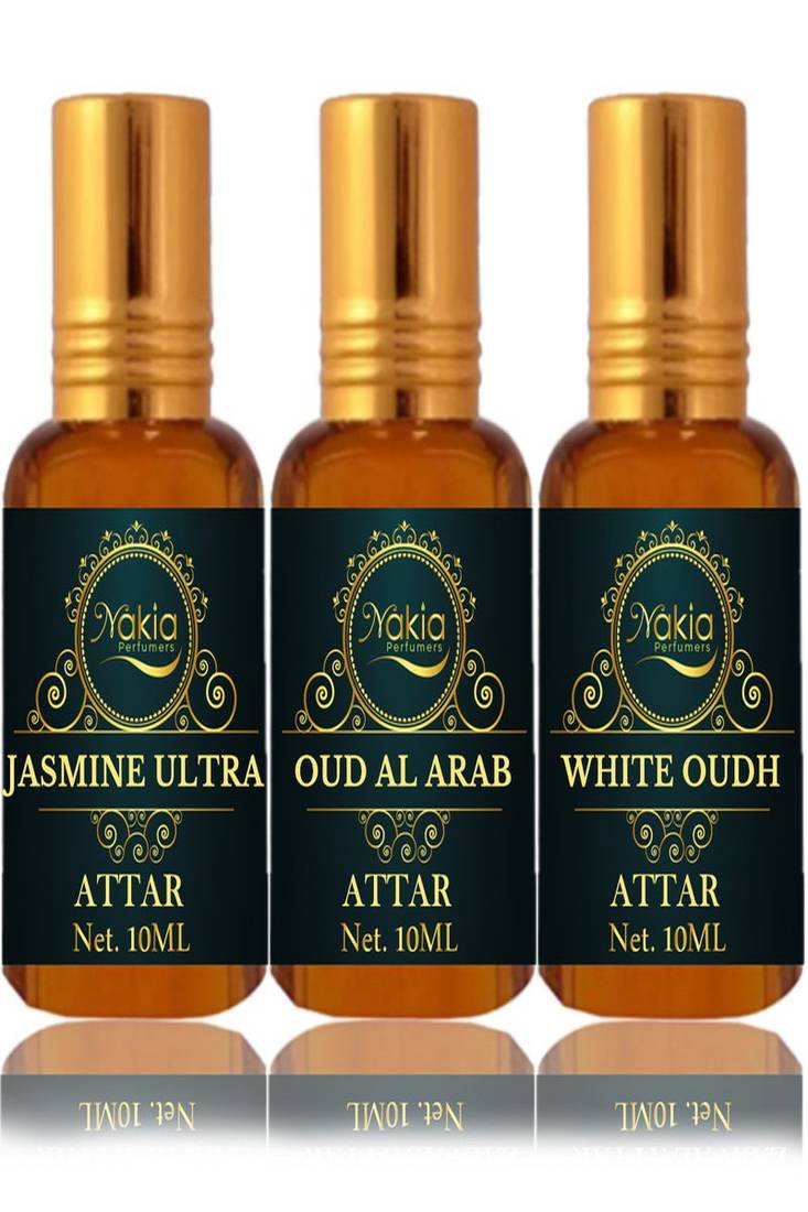 Nakia Jasmine Ultra, Oud Al Arab & White Oud Attar 10ml Roll-on Alcohol-Free Itar For Unisex Combo Pack Of 3