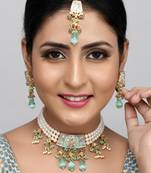 Kundan and Green Meenakari Choker Necklace Set with Pearl String and Maang Tika