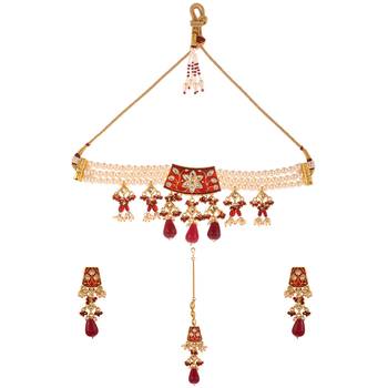 Kundan and Red Meenakari Choker Necklace Set with Pearl String and Maang Tika 2