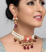 Kundan and Red Meenakari Choker Necklace Set with Pearl String and Maang Tika