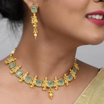 Krishna design in Gold Plated Green Necklace set 3