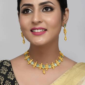 Krishna design in Gold Plated Green Necklace set 1