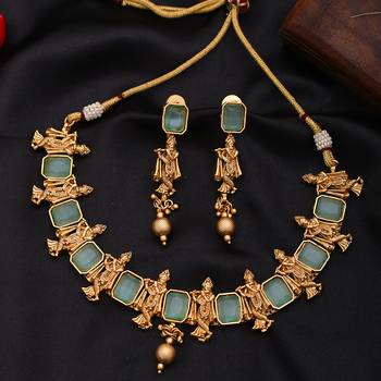 Krishna design in Gold Plated Green Necklace set 4