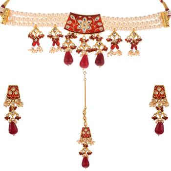 Kundan and Red Meenakari Choker Necklace Set with Pearl String and Maang Tika 5