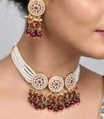  Kundan with Pearl Chain Necklace Set With Red Stone Tassel drops