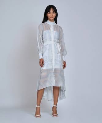 White Blue Waves Shirt Dress 1