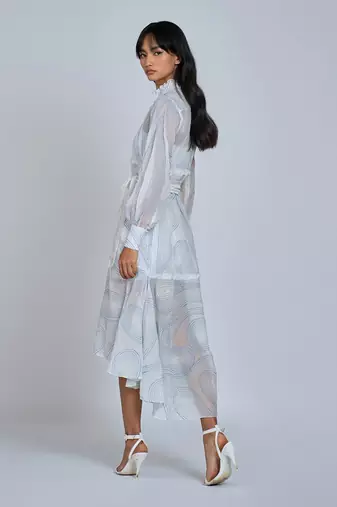 White Blue Waves Shirt Dress