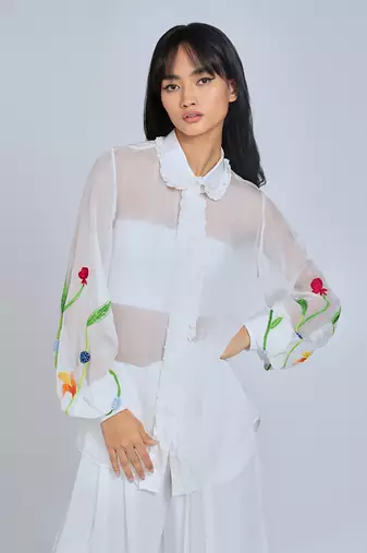 White Floral Sleeves  Shirt
