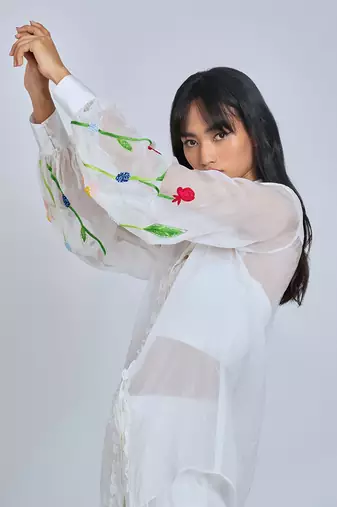 White Floral Sleeves  Shirt