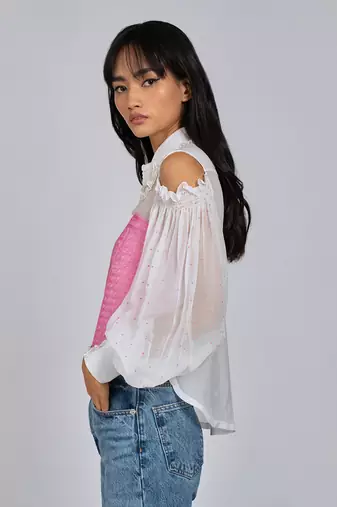 White Pretty Pink Cold Shoulder Shirt