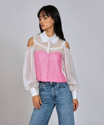 White Pretty Pink Cold Shoulder Shirt 3