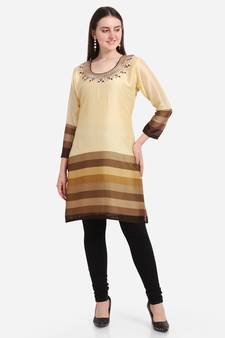 Beige embroidered georgette ethnic-kurtis