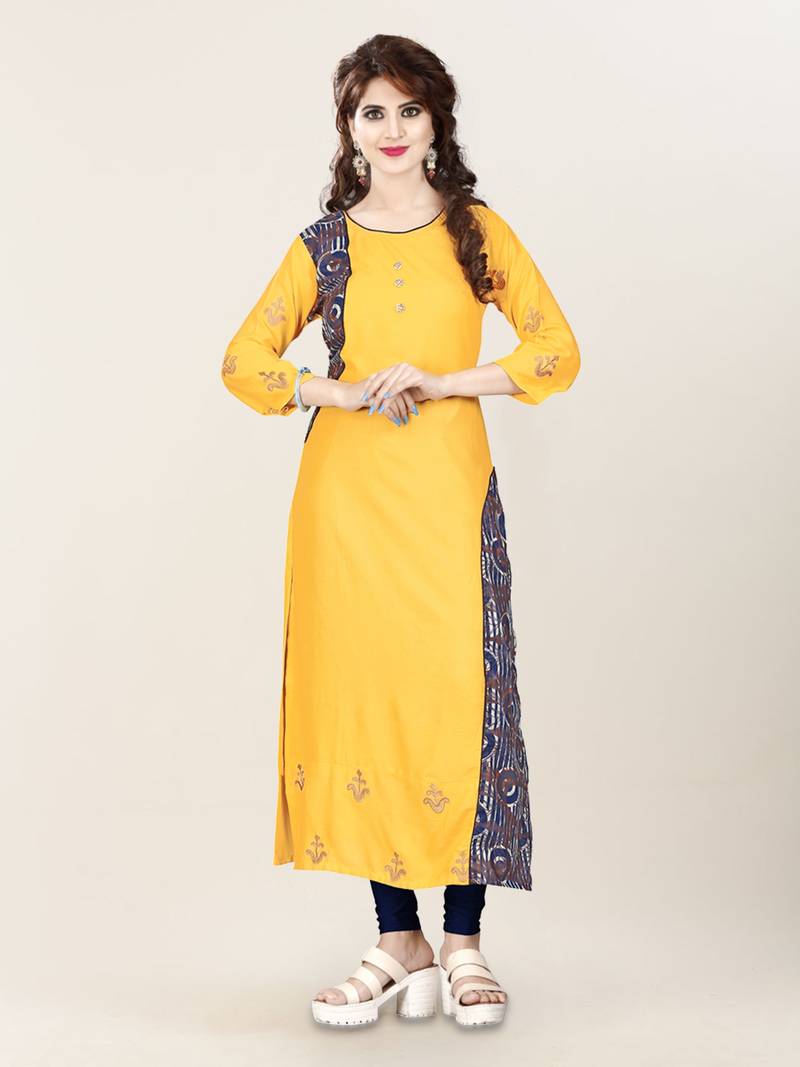 Mustard embroidered rayon ethnic-kurtis