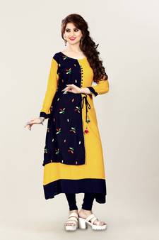 Yellow embroidered rayon ethnic-kurtis