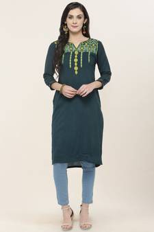Green embroidered rayon ethnic-kurtis